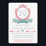 Modern Chevron Coral Blue 70th Birthday Invitation<br><div class="desc">A colourful modern style 70th birthday invitation that's easy to customise with the birthday party recipient's name and the party specifics, features a coral and blue scroll and leaves design with arrows and a little blue heart. The back of this 70th birthday invitation features a chevron stripe design of blue,...</div>