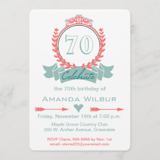 Modern Chevron Coral Blue 70th Birthday Invitation