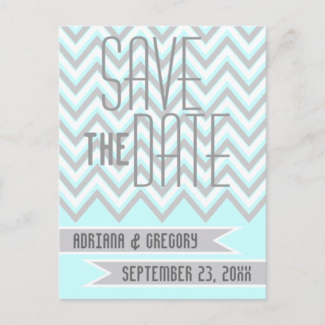 Modern chevron grey, aqua wedding Save the Date Announcement Postcard (Front)