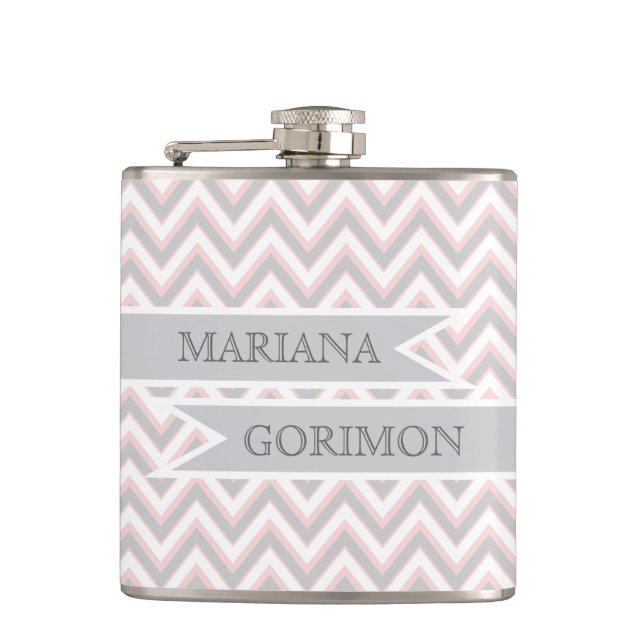Modern chevron grey, pink wedding personalised hip flask (Front)