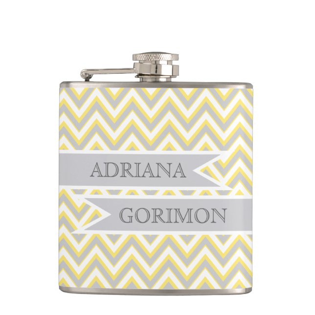 Modern chevron grey, yellow wedding personalised hip flask (Front)