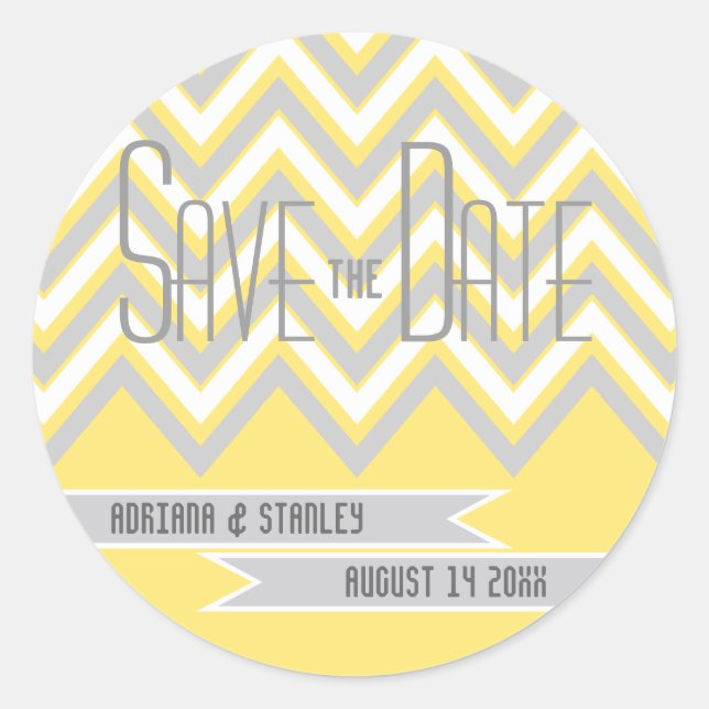 Modern chevron grey, yellow wedding Save the Date Classic Round Sticker (Front)