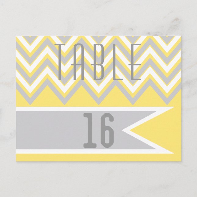 Modern chevron grey, yellow wedding table number postcard (Front)