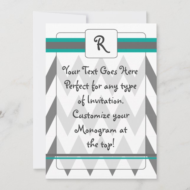 Modern Chevron invite with Monogram, teal and grey (Front)