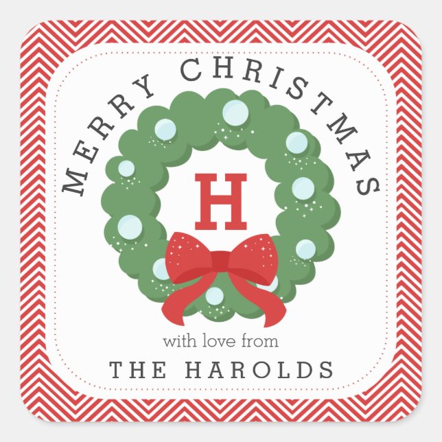 Modern Chevron Merry Christmas Wreath Monogrammed Square Sticker (Front)