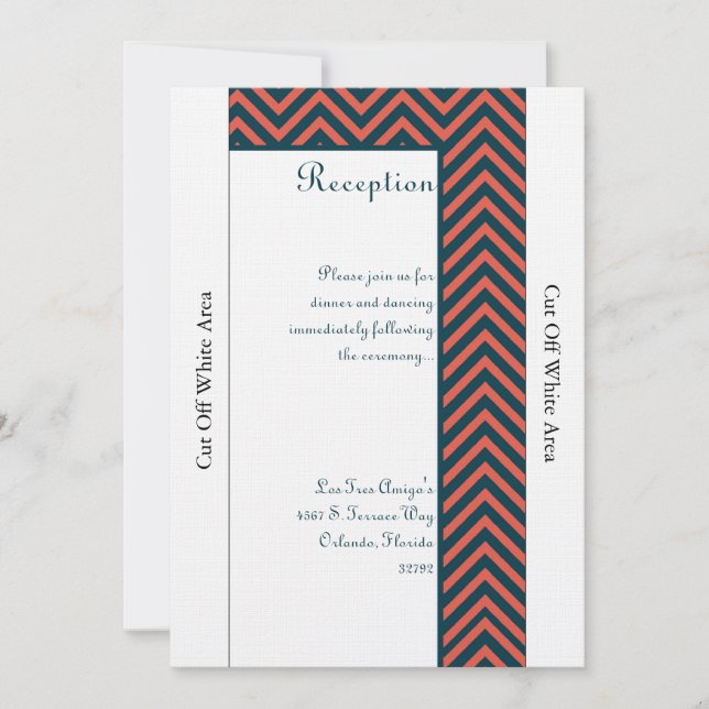 Modern Chevron Neon Coral/Navy Reception Card (Front)
