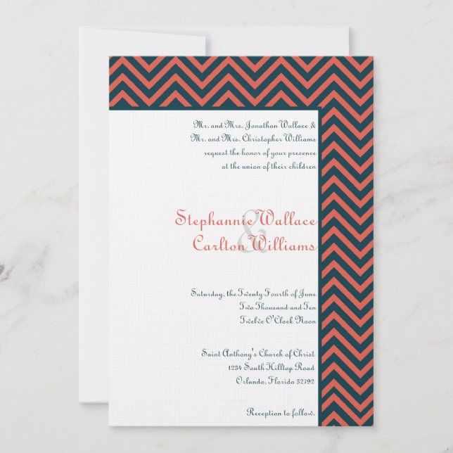 Modern Chevron Neon Coral/Navy Wedding Invitation (Front)