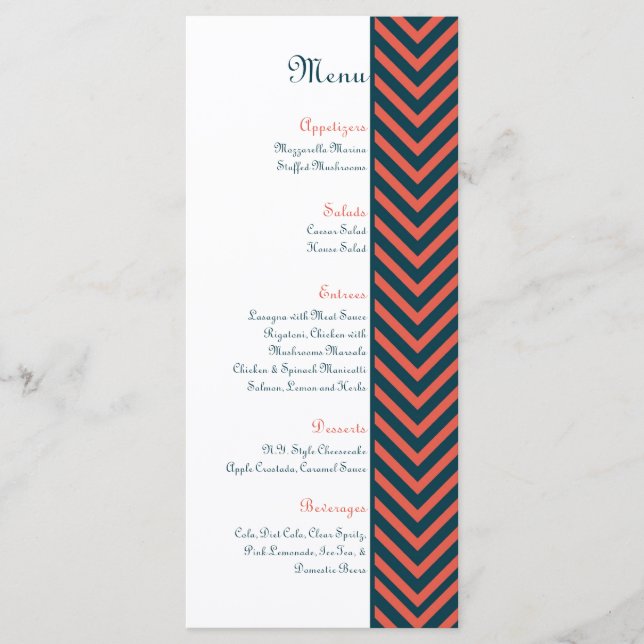 Modern Chevron Neon Coral/Navy Wedding Menu (Front)