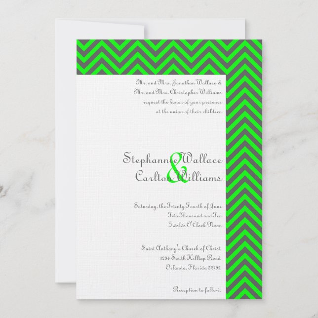 Modern Chevron Neon Green/Grey Wedding Invitation (Front)