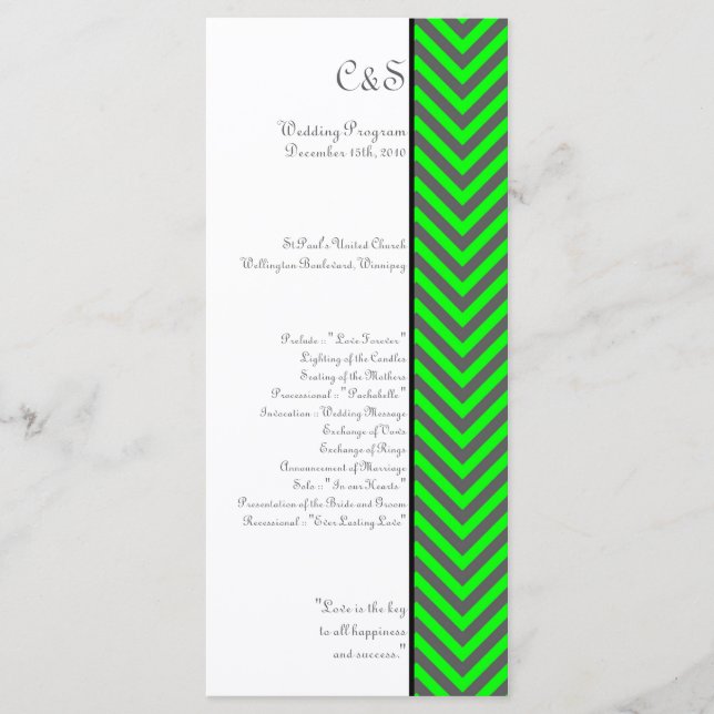Modern Chevron Neon Green/Grey Wedding Programs Programme (Front)