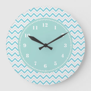 Modern Chevron Pattern Girly Aqua Blue Large Clock