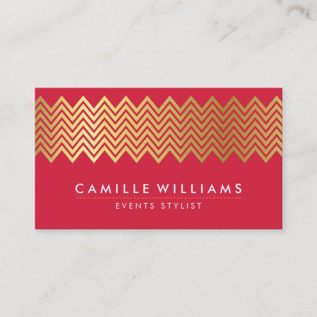 MODERN CHEVRON pattern gold foil trendy rich red Business Card (Front)