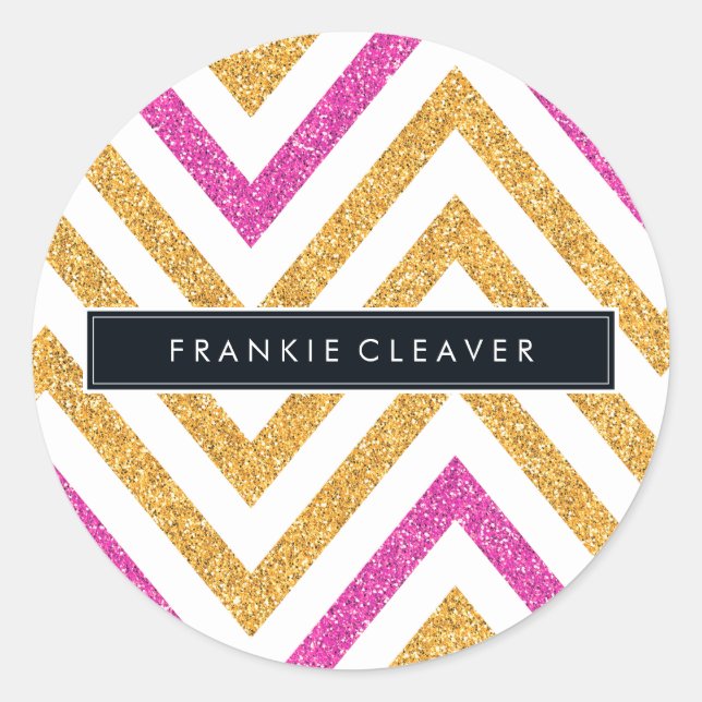 MODERN CHEVRON PATTERN gold pink glitter black Classic Round Sticker (Front)