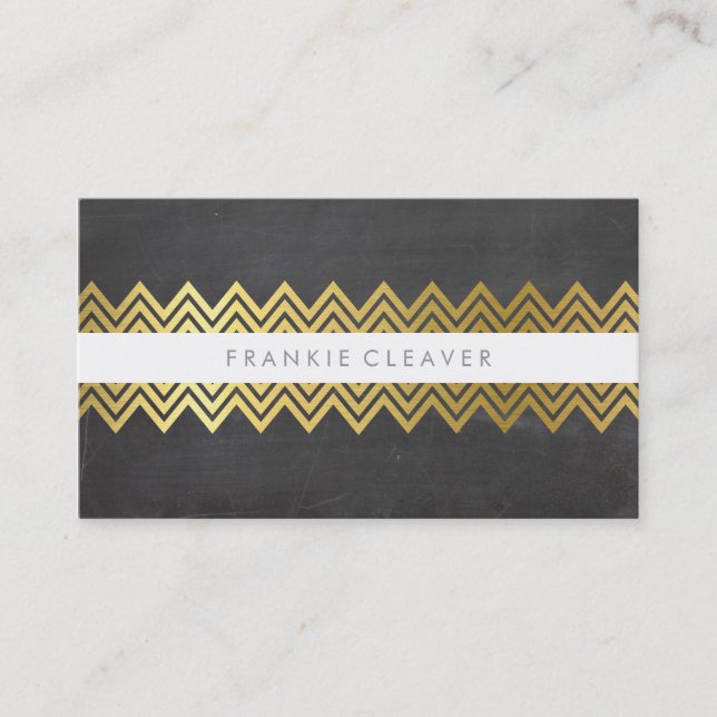 MODERN CHEVRON PATTERN trendy cool gold chalkboard Business Card (Front)