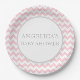 Modern Chevron Pink Grey / Grey Baby Shower Girl Paper Plate