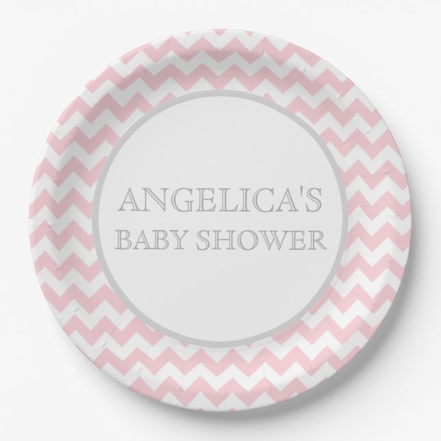 Modern Chevron Pink Grey / Grey Baby Shower Girl Paper Plate (Front)
