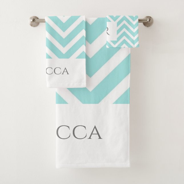 Modern Chevron Stripes Monogram Bathroom Towel Set (Insitu)