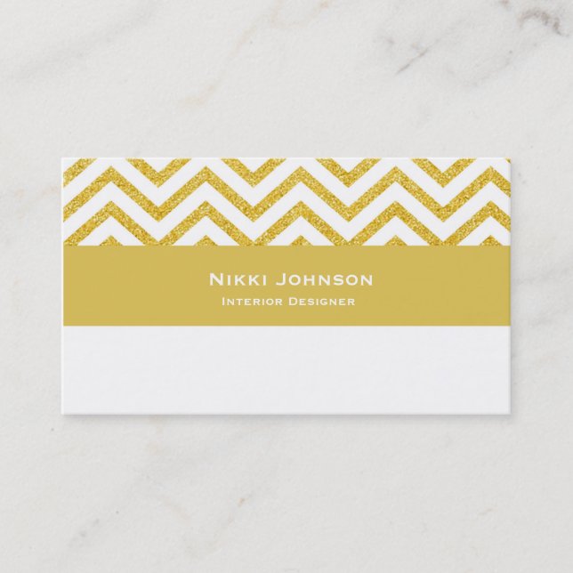 Modern Chevron White & Gold Glam Business Card (Front)