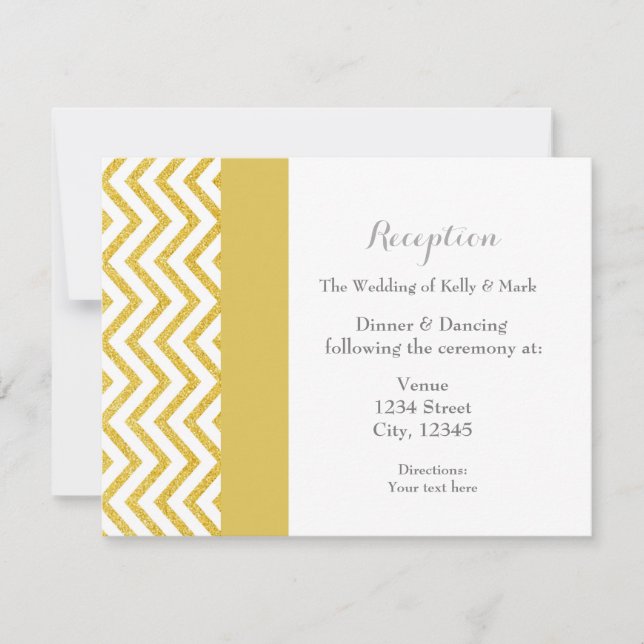 Modern Chevron White & Gold Wedding Reception Card (Front)