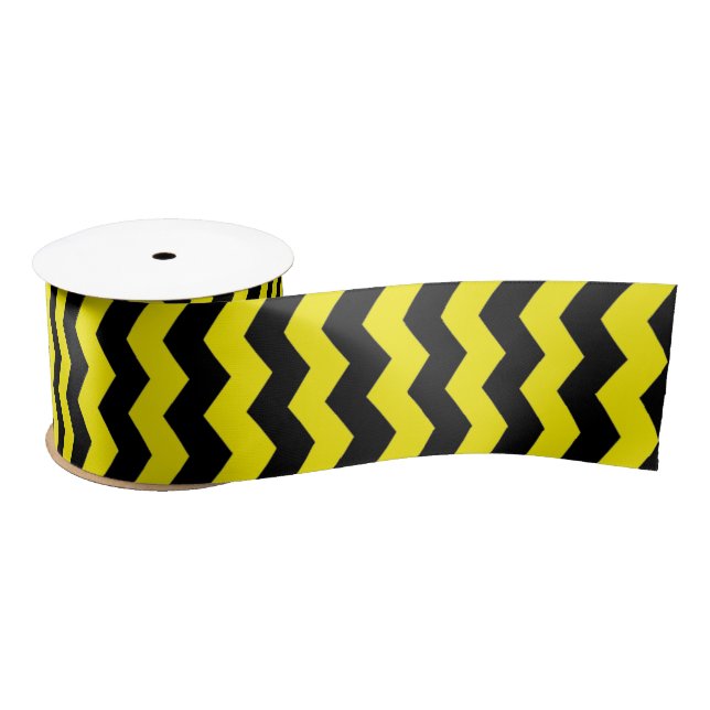 Modern Chevron Zigzag Black and Yellow Pattern Satin Ribbon (Spool)