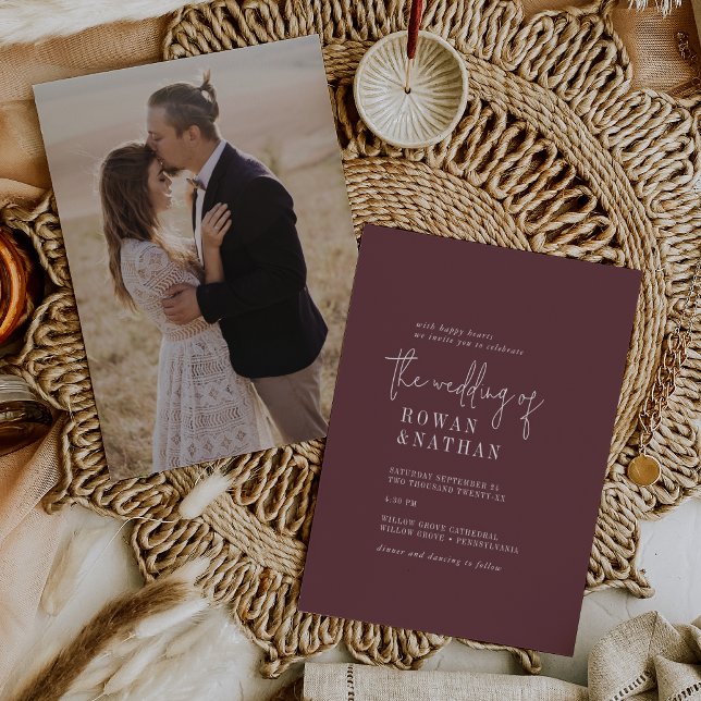 Modern Chic Autumn Burgundy Photo Back Wedding Invitation (Creator Uploaded)