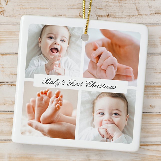 Modern Chic Baby's First Christmas 4 Photo Holiday Ceramic Ornament (Creator Uploaded)