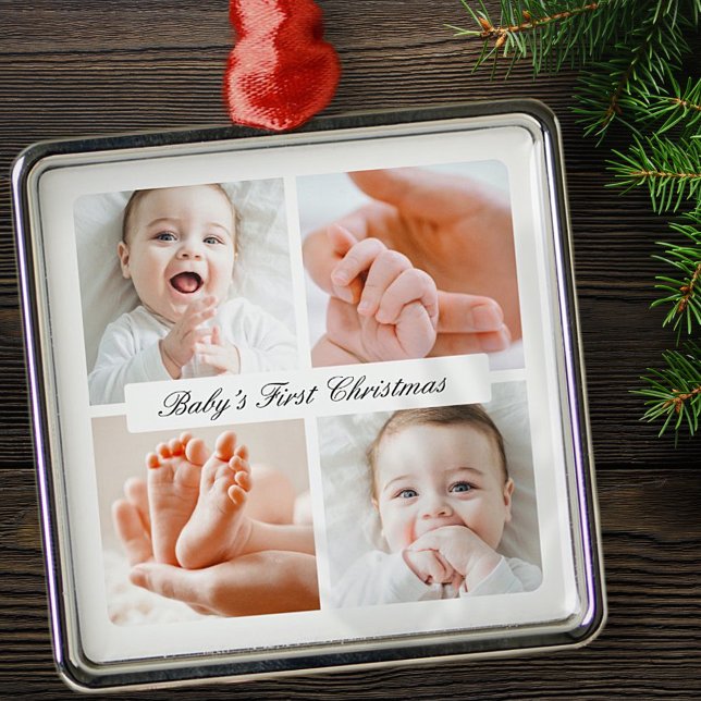 Modern Chic Baby's First Christmas 4 Photo Holiday Metal Tree Decoration (Creator Uploaded)