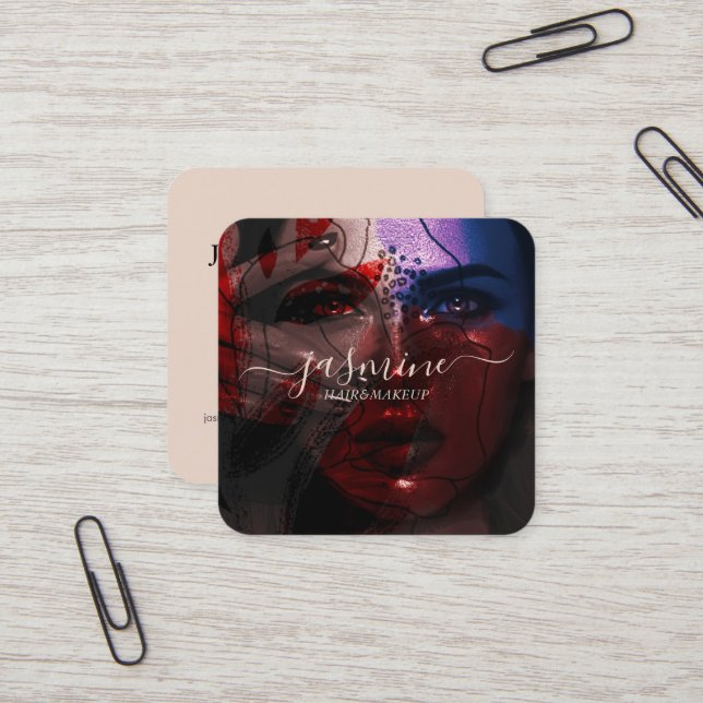 Modern Chic Beauty Cream Beige Casual Script Photo Square Business Card (Front/Back In Situ)