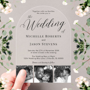 Modern Chic Black and White 3 Photo Strip Wedding Acrylic Invitations
