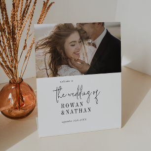 Modern Chic Black and White Photo Wedding Welcome Pedestal Sign