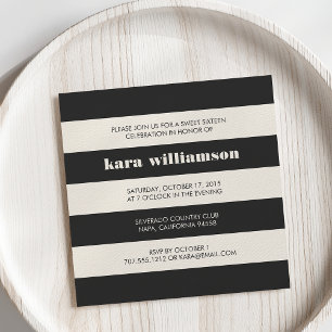 Modern Chic Black & Cream Stripe Sweet Sixteen Invitation
