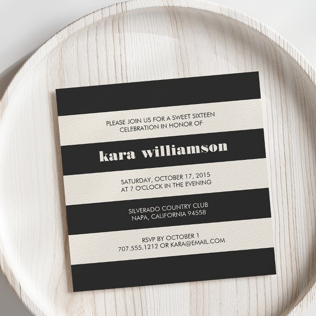 Modern Chic Black & Cream Stripe Sweet Sixteen Invitation (Creator Uploaded)