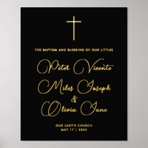 Modern Chic Black Gold Cross Triplets Baptism  Foil Prints