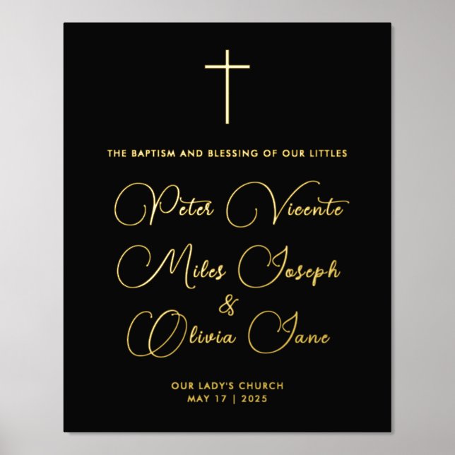 Modern Chic Black Gold Cross Triplets Baptism  Foil Prints (Front)