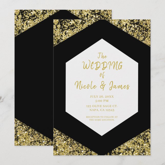 Modern Chic Black Gold Glitter Flakes Glam Wedding Invitation (Front/Back)
