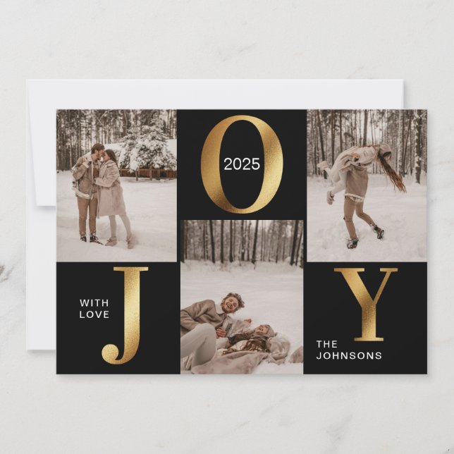 Modern Chic Black Gold Joy Merry Christmas Photo H Holiday Card (Front)