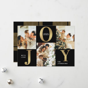 Modern Chic Black Gold Joy Merry Christmas Photo Holiday Card