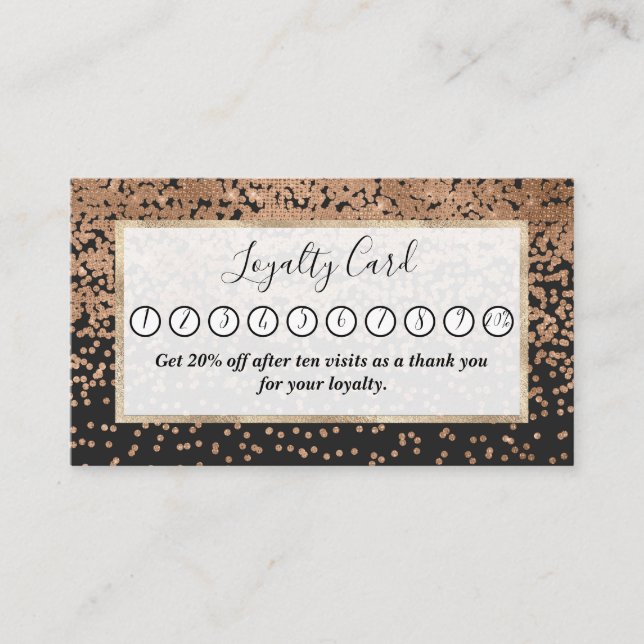 Modern Chic Black Gold Polka Dot Black Confetti Loyalty Card (Front)