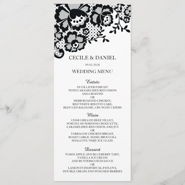 Modern Chic Black Lace Formal Wedding Menu (Front)