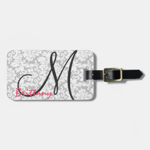 Modern Chic Black Monogram on Grey Damask Luggage Tag