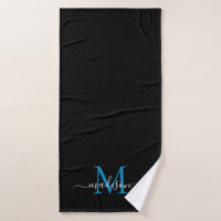 Modern Chic Black Ocean Blue Monogram Script Name
