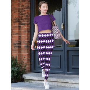 Modern Chic Black Purple Harlequin Diamond Pattern Leggings