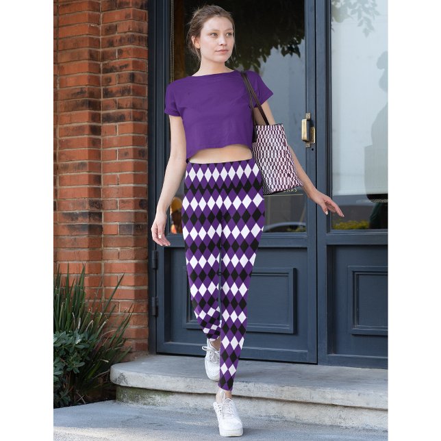 Modern Chic Black Purple Harlequin Diamond Pattern Leggings (Modern Chic Black Purple Harlequin Diamond Pattern Leggings)
