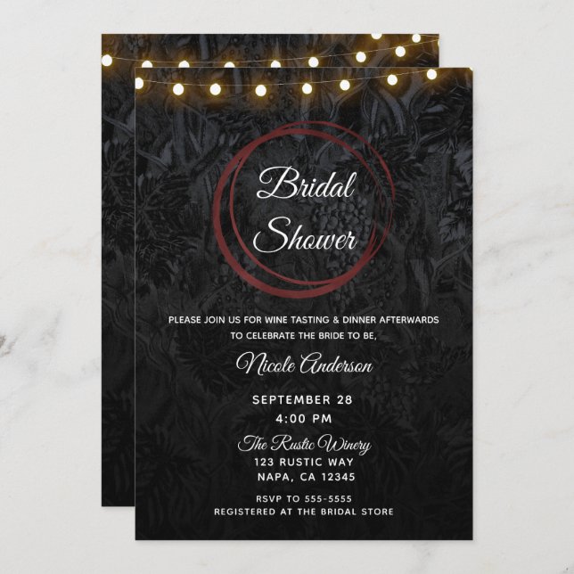 Modern Chic Black Red Wine Rings Bridal Shower Invitation (Front/Back)