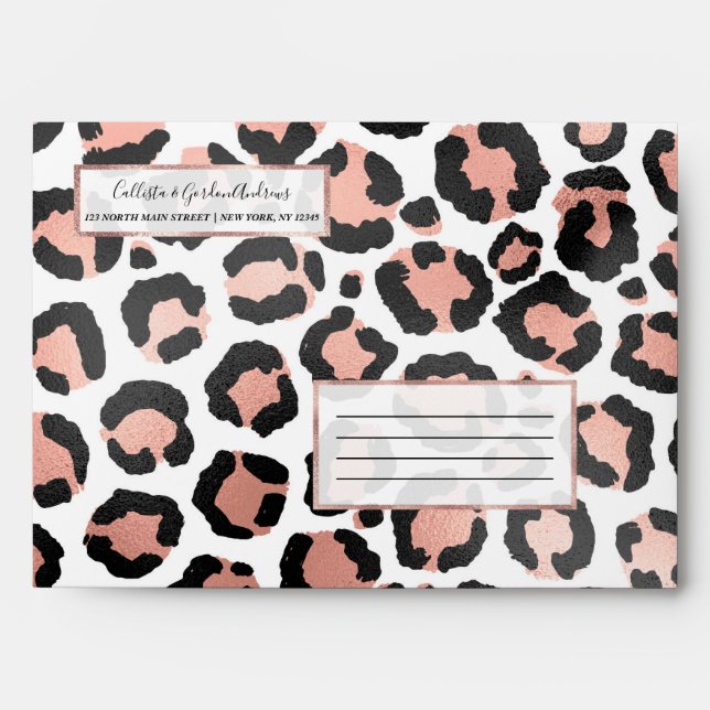 Modern Chic Black Rose Gold Foil Leopard Print Envelope (Front)