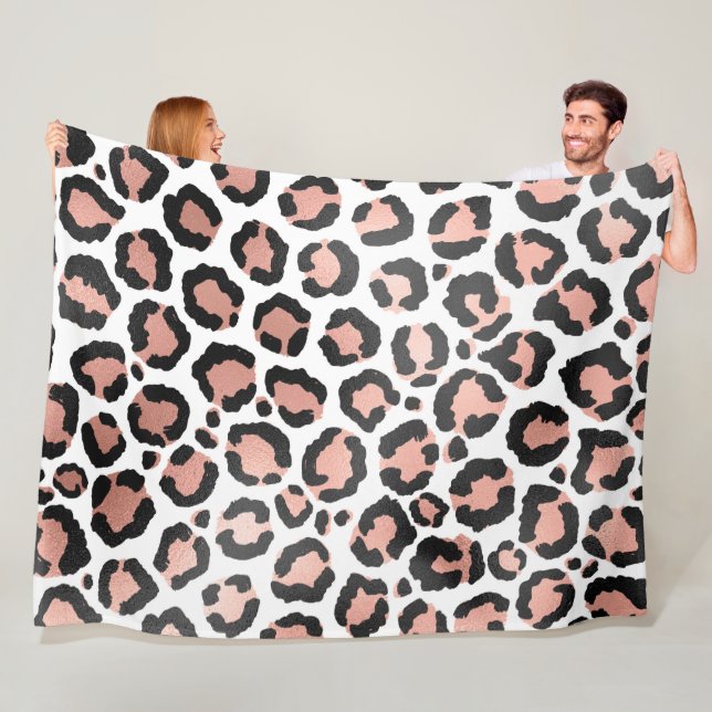 Modern Chic Black Rose Gold Foil Leopard Print Fleece Blanket (In Situ)