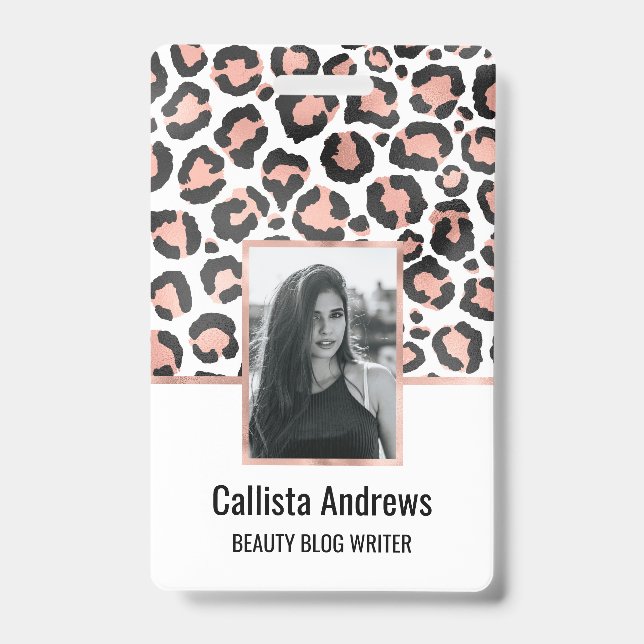 Modern Chic Black Rose Gold Foil Leopard Print ID Badge (Front)