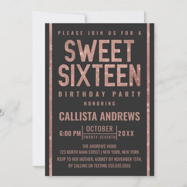 Modern Chic Black Rose Gold Glitter Frame Sweet 16 Invitation (Front)