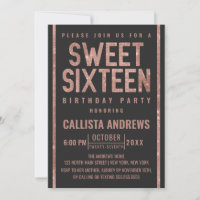 Modern Chic Black Rose Gold Glitter Frame Sweet 16
