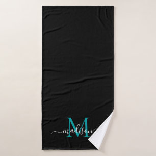 Modern Chic Black Teal Green Monogram Script Name Bath Towel